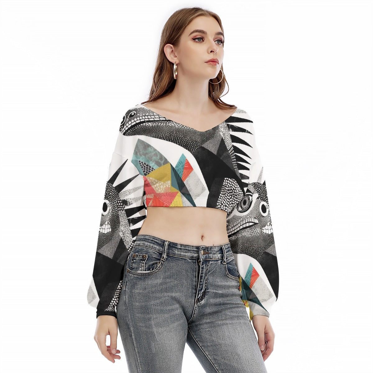 All-Over Print Women's V-neck Long Sleeve Cropped Sweatshirt