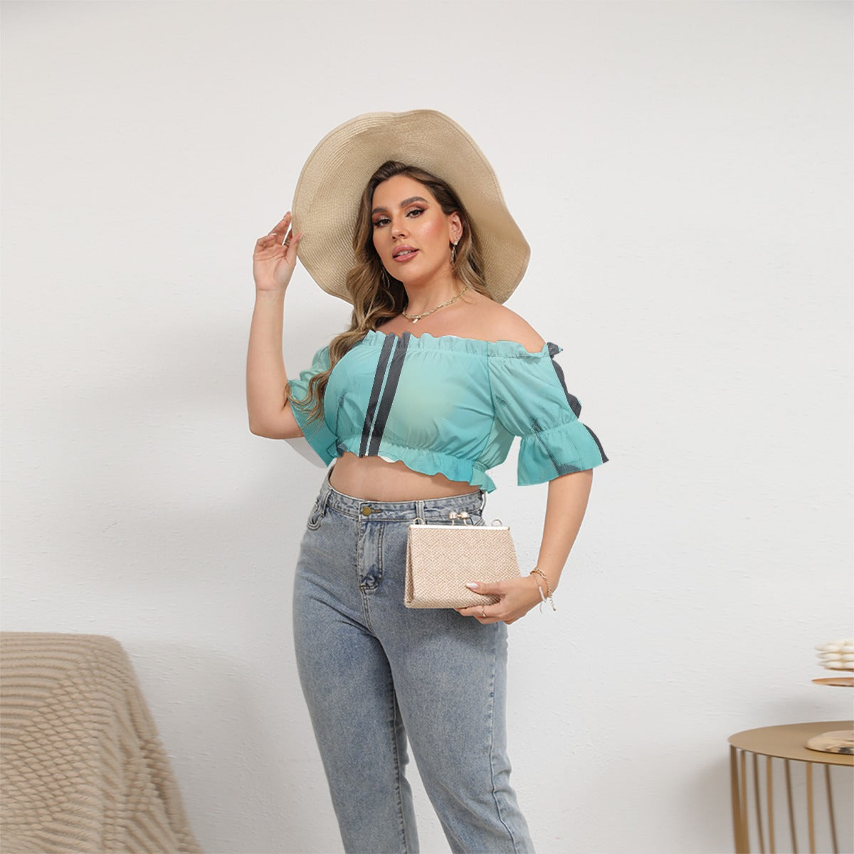 All-Over Print Women's Off-shoulder Cropped Top With Short Puff Sleeve