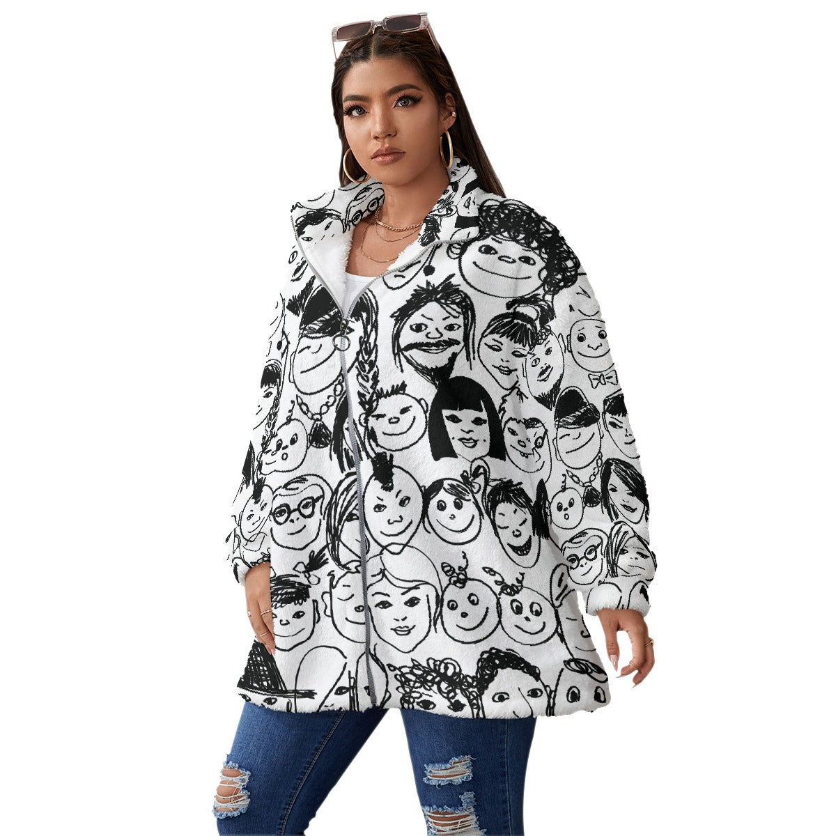 All-Over Print Unisex Borg Fleece Stand-up Collar Coat With Zipper Closure(Plus Size)