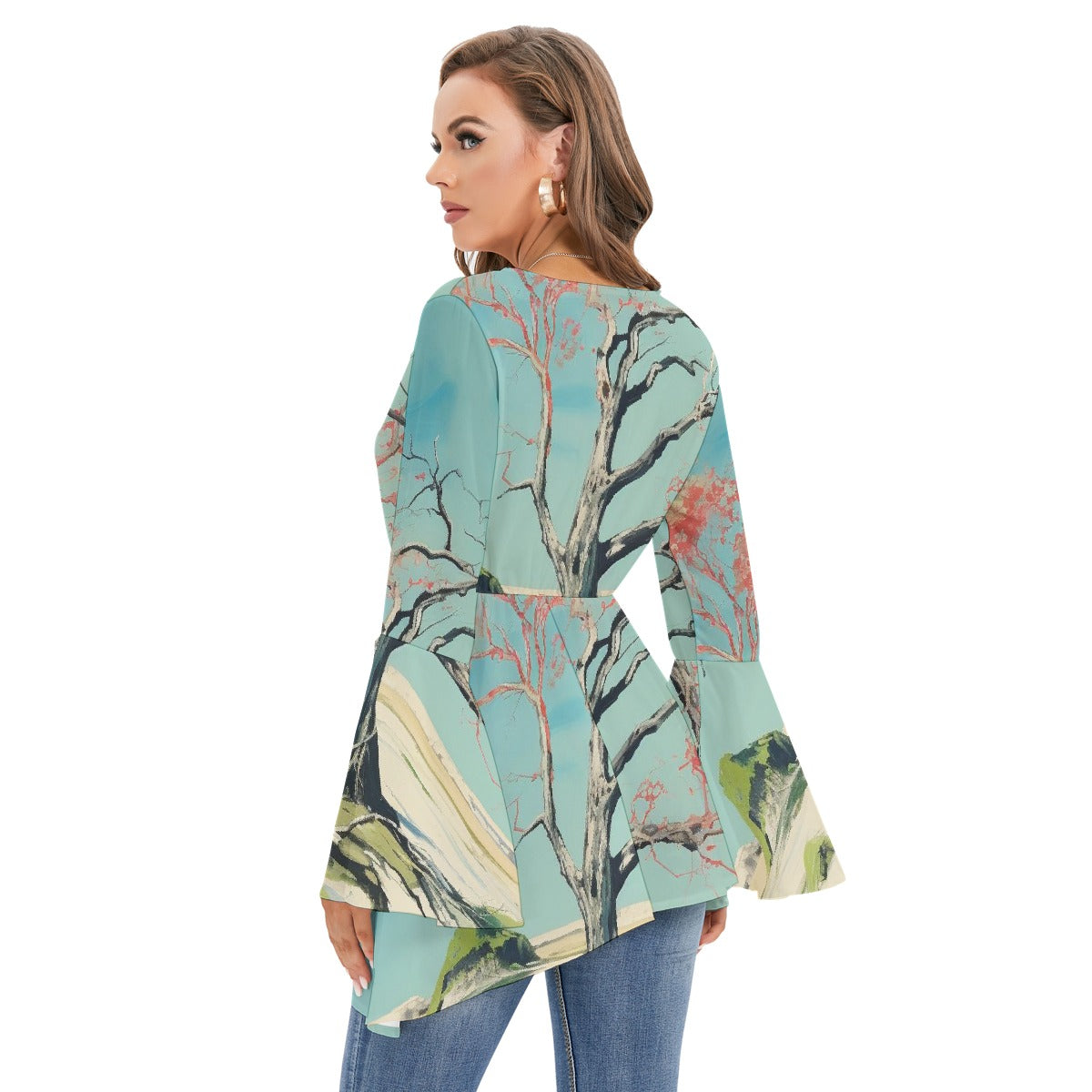 All-Over Print Women's V-neck Blouse With Flared Sleeves