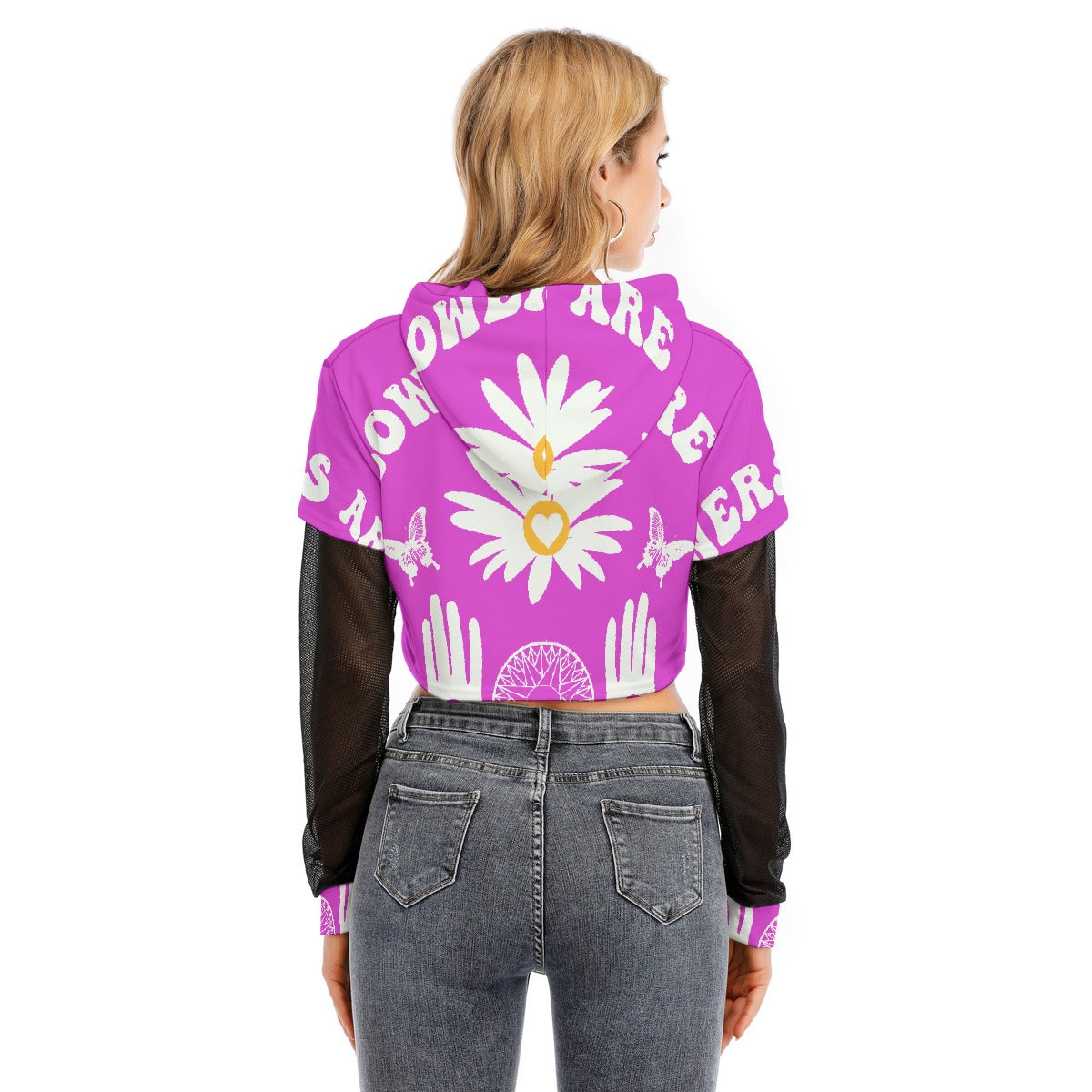 All-Over Print Women's Fake Two-piece Mesh Sleeve Cropped Hoodie