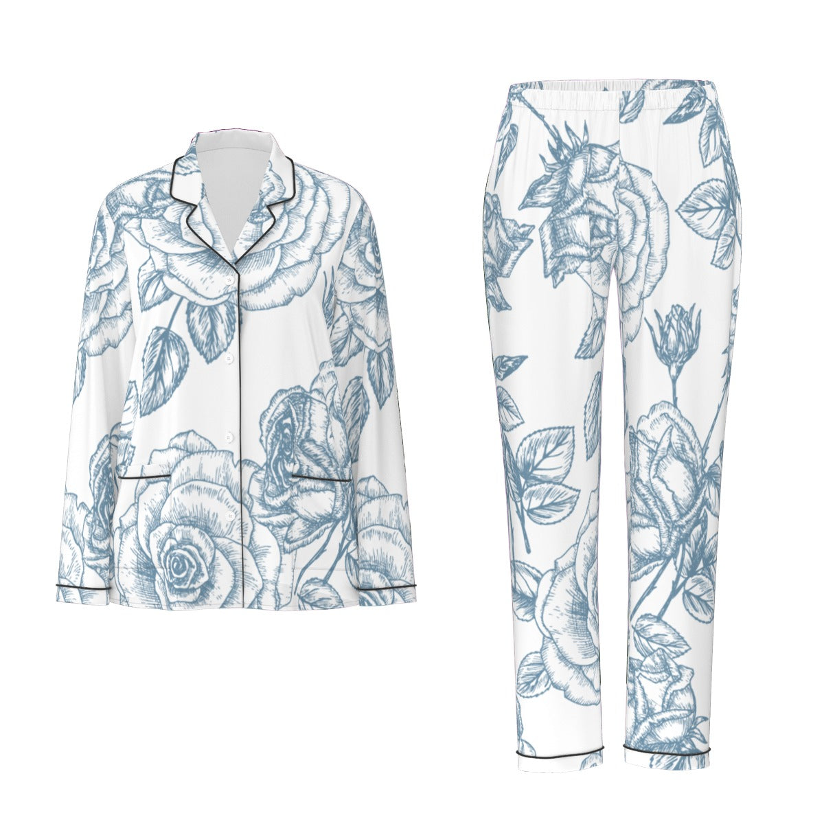 All-Over Print Women's Long Sleeve Pajama Set With Black Contrast Piping