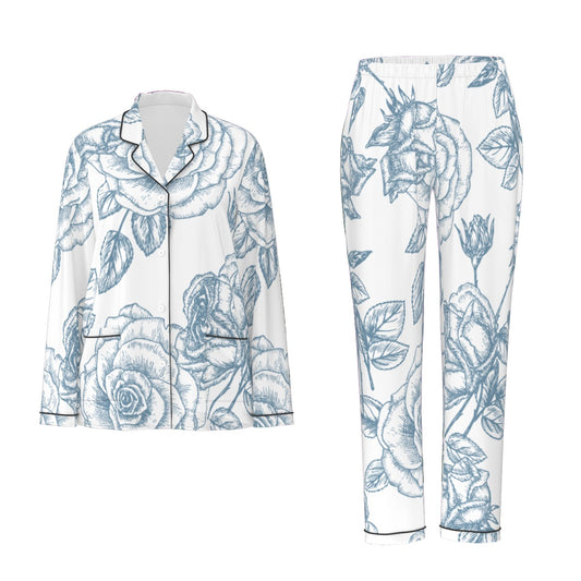 All-Over Print Women's Long Sleeve Pajama Set With Black Contrast Piping