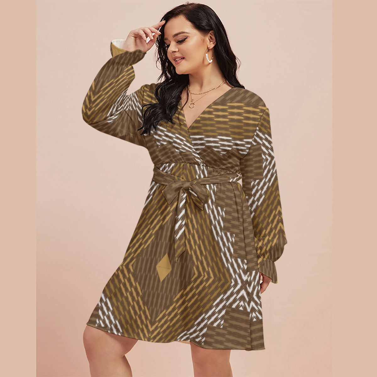 All-Over Print Women's V-neck Dress With Waistband(Plus Size)