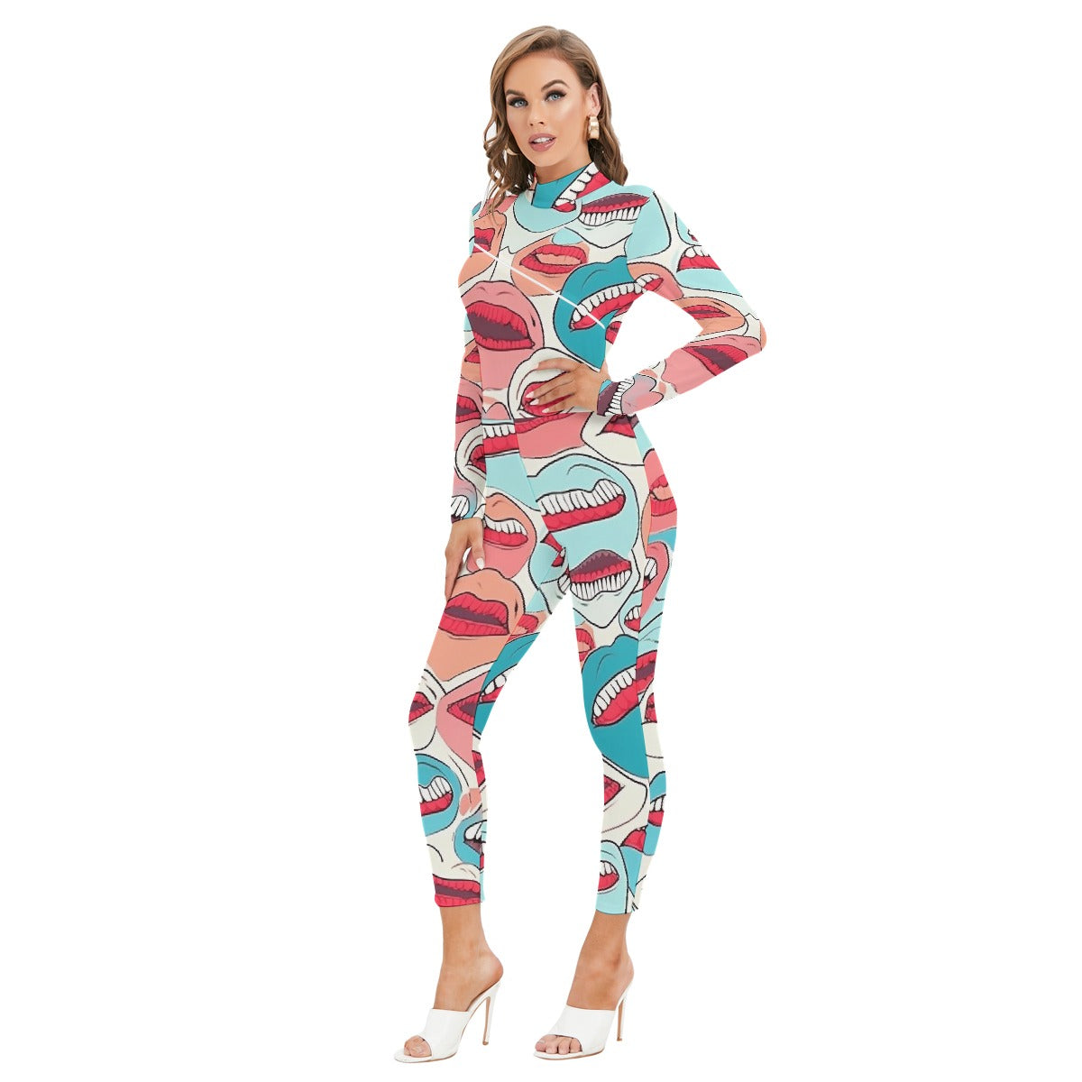 All-Over Print Women's Long-sleeved High-neck Jumpsuit With Zipper