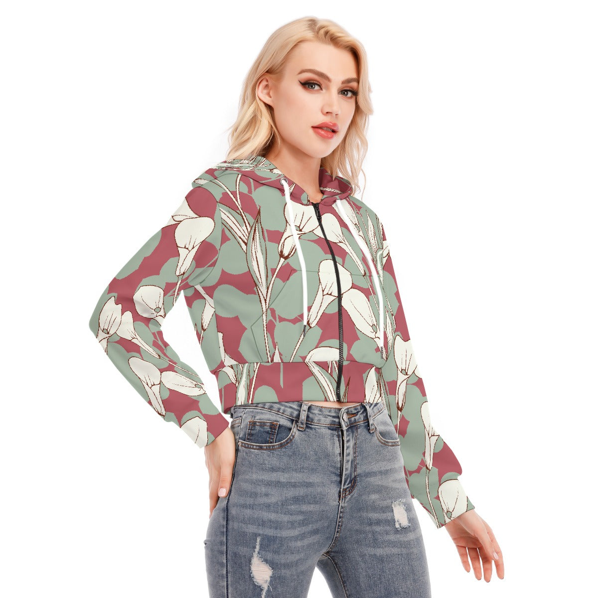 All-Over Print Women's Crop Top Hoodie With Zipper Closure