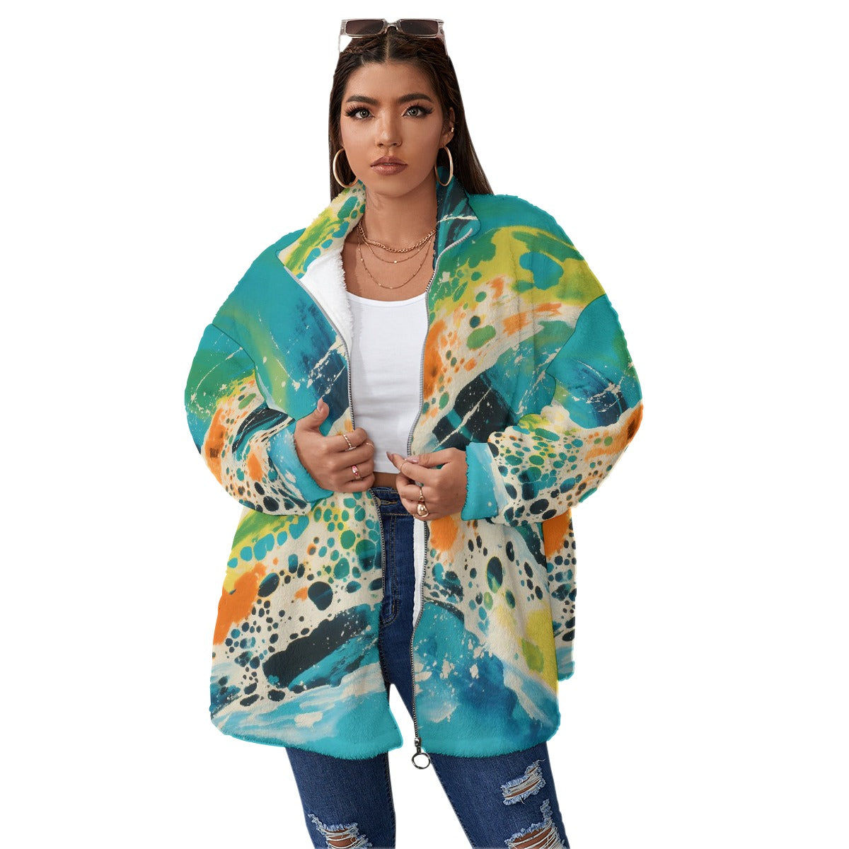 All-Over Print Unisex Borg Fleece Stand-up Collar Coat With Zipper Closure(Plus Size)