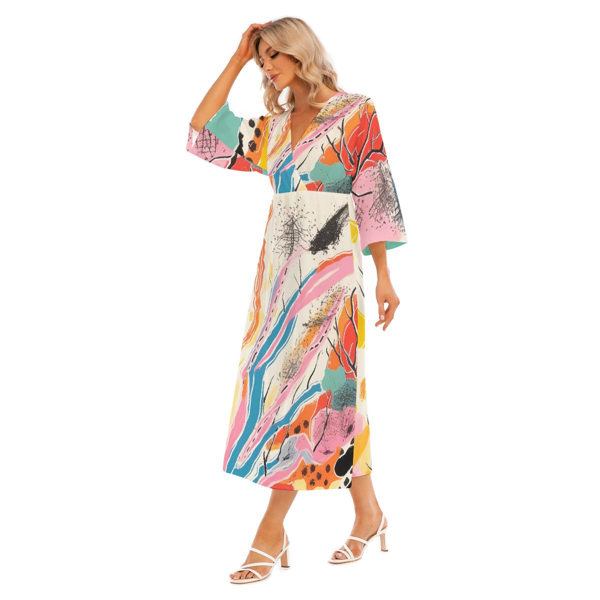 All-Over Print Women's Mid-Sleeve Long Dress