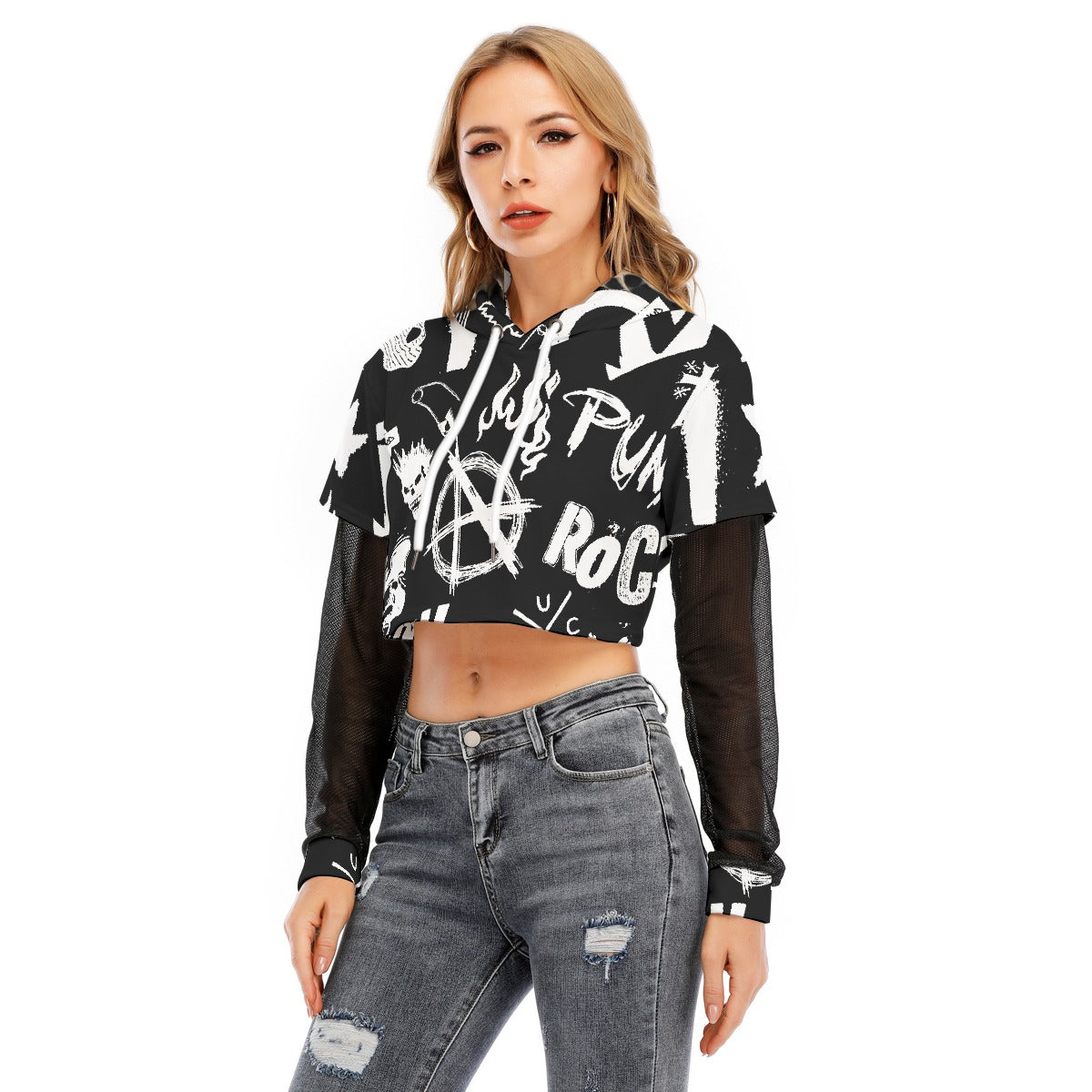 All-Over Print Women's Fake Two-piece Mesh Sleeve Cropped Hoodie