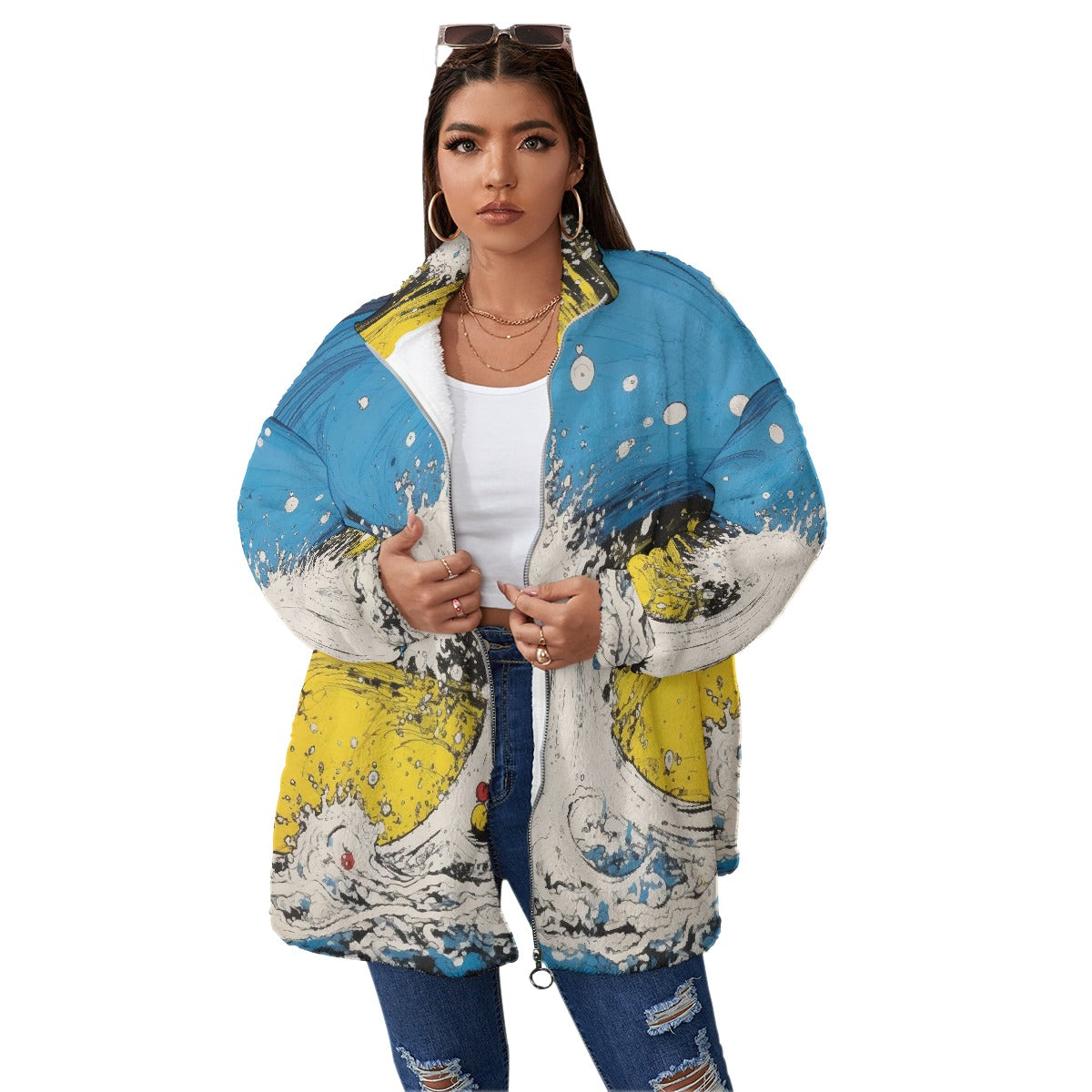 All-Over Print Unisex Borg Fleece Stand-up Collar Coat With Zipper Closure(Plus Size)