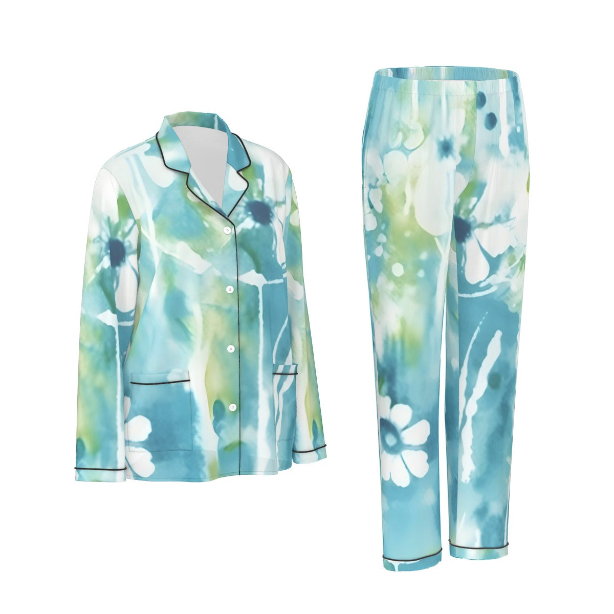 All-Over Print Women's Long Sleeve Pajama Set With Black Contrast Piping