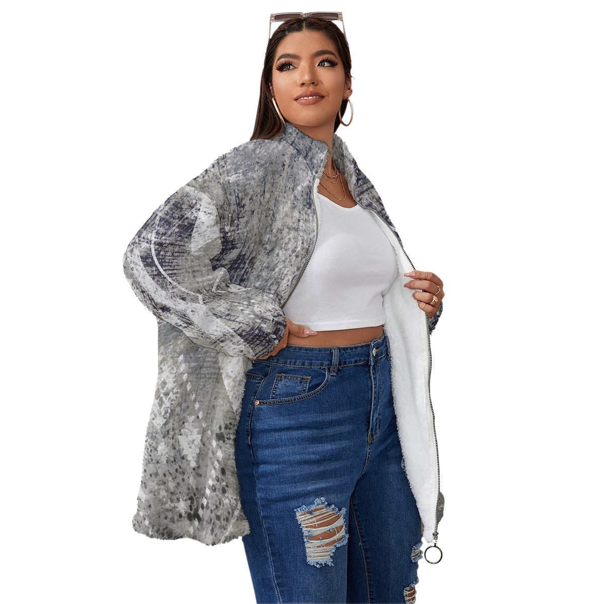 All-Over Print Unisex Borg Fleece Stand-up Collar Coat With Zipper Closure(Plus Size)