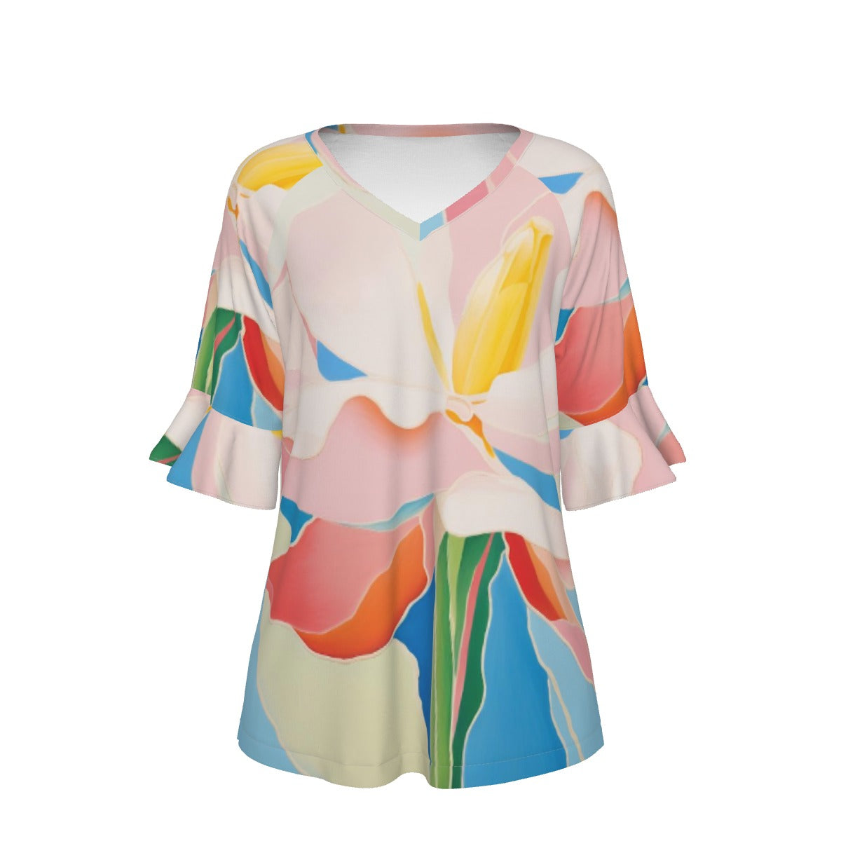 All-Over Print V-neck Women's T-shirt With Bell Sleeve