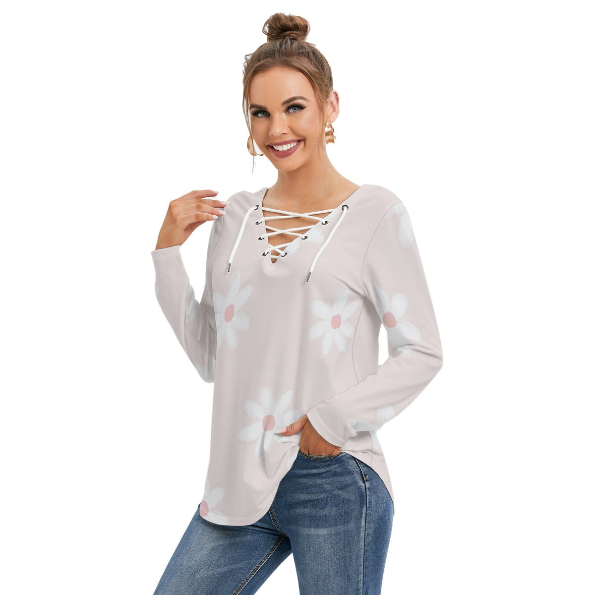 All-Over Print Women's Long Sleeve Neckline Tie Sweatshirt