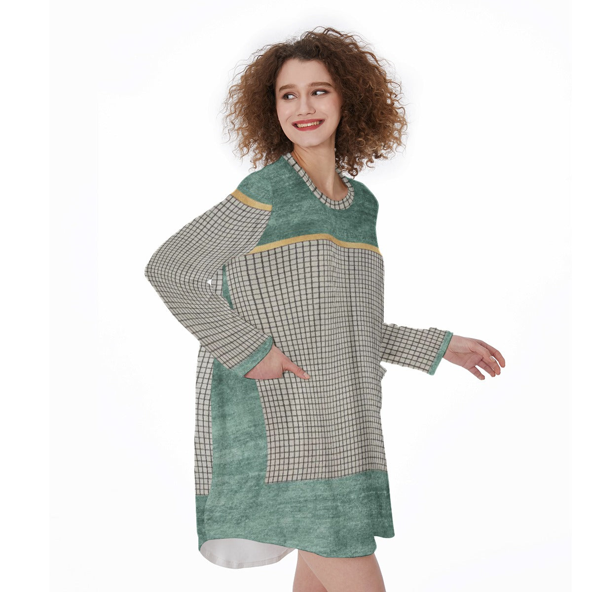 All-Over Print Women's Casual Loose Long Sleeve Dress With Pocket