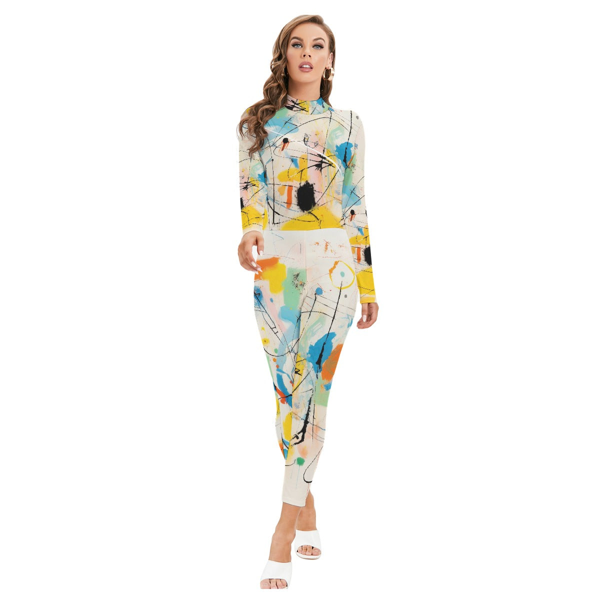 All-Over Print Women's Long-sleeved High-neck Jumpsuit With Zipper