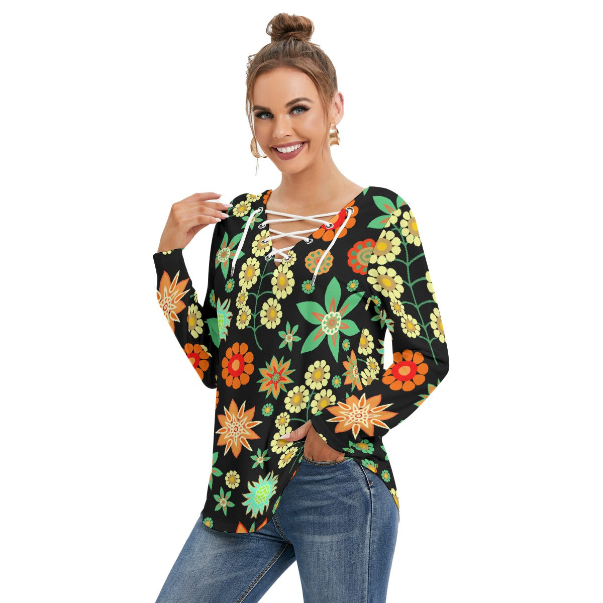 All-Over Print Women's Long Sleeve Neckline Tie Sweatshirt