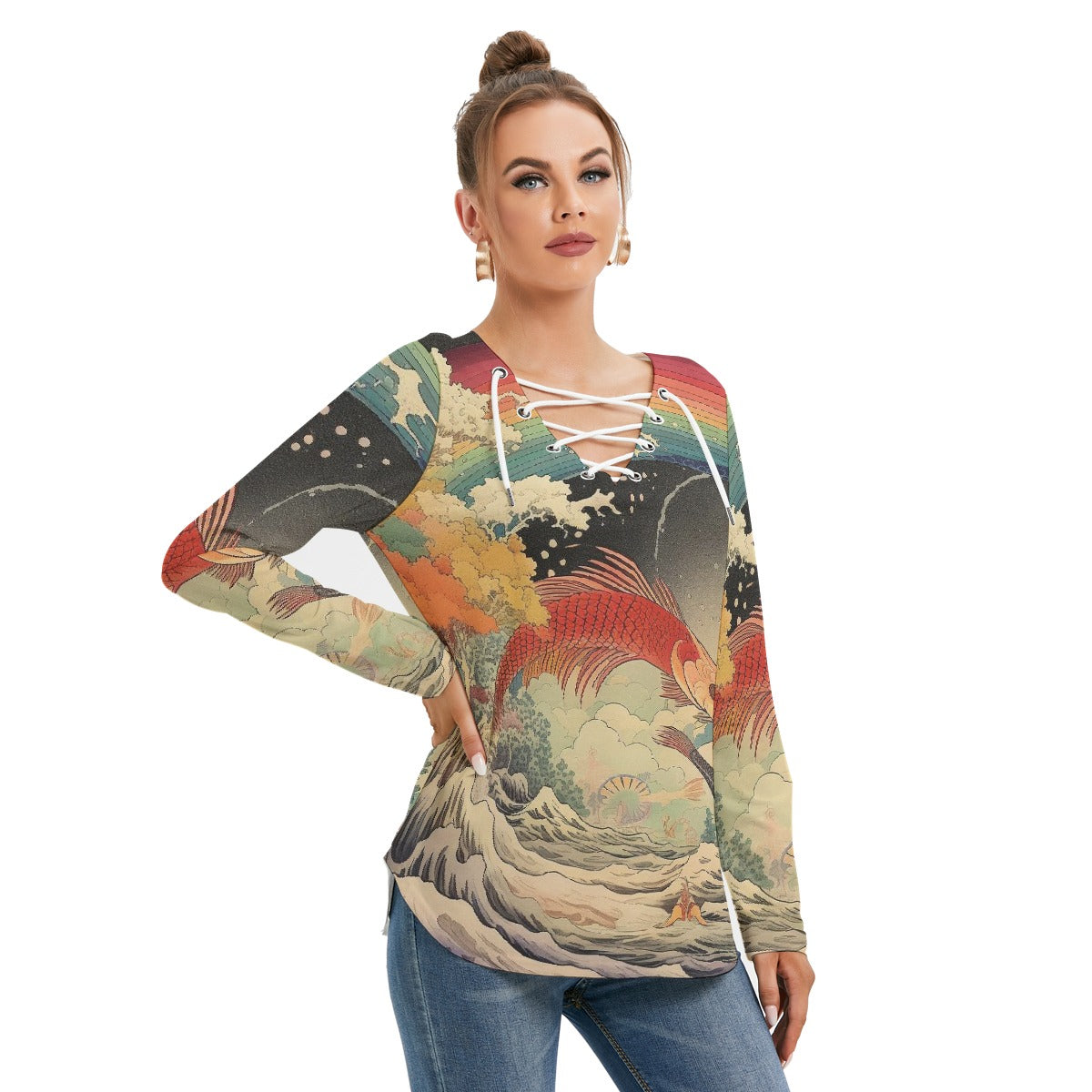 All-Over Print Women's Long Sleeve Neckline Tie Sweatshirt