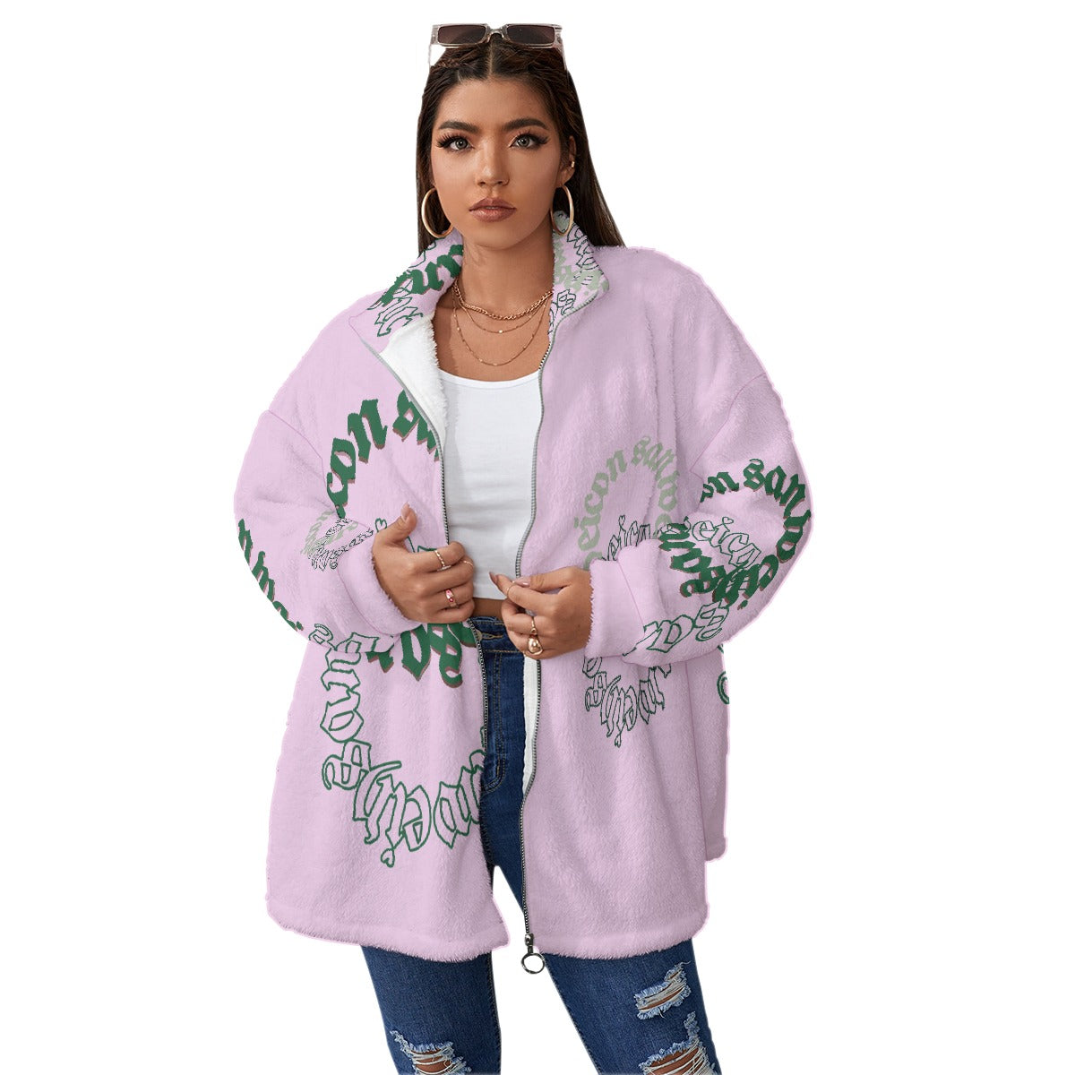 All-Over Print Unisex Borg Fleece Stand-up Collar Coat With Zipper Closure(Plus Size)