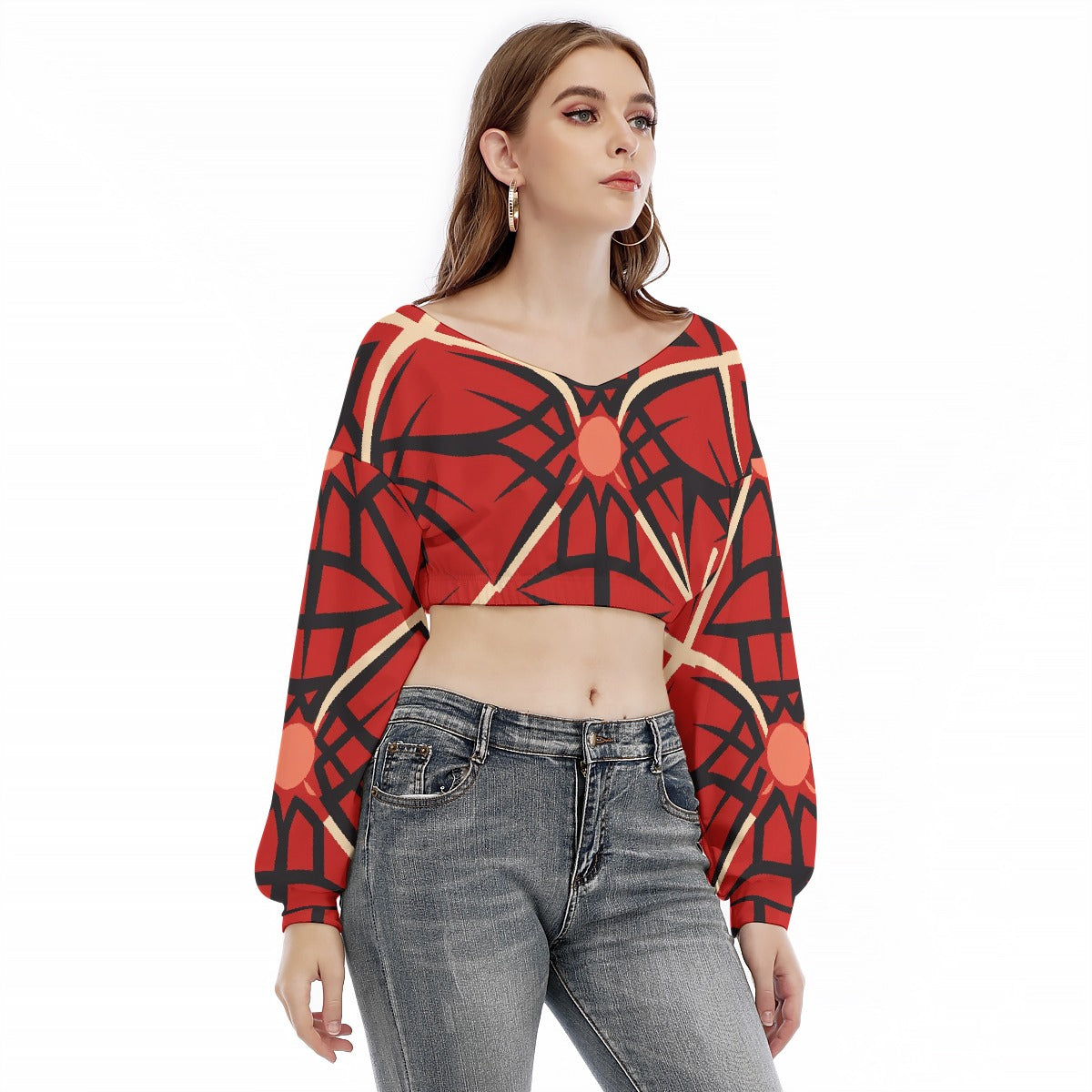 All-Over Print Women's V-neck Long Sleeve Cropped Sweatshirt