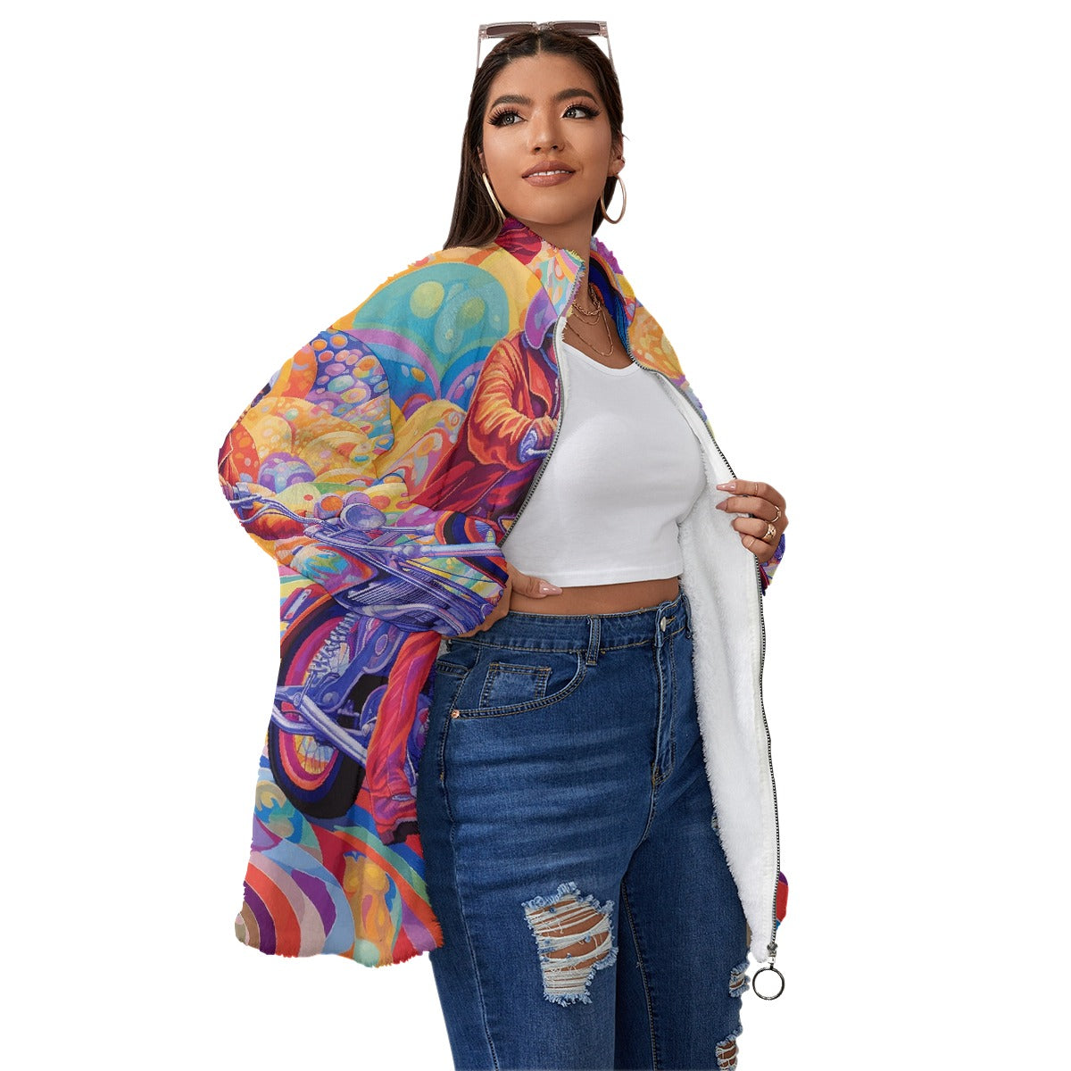 All-Over Print Unisex Borg Fleece Stand-up Collar Coat With Zipper Closure(Plus Size)