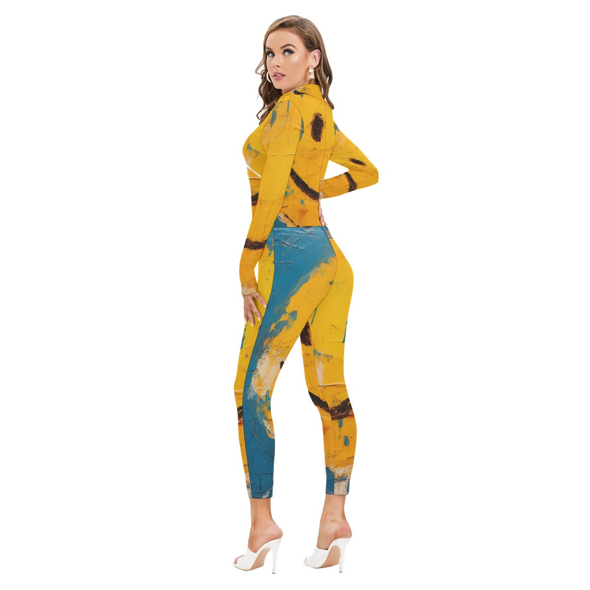 All-Over Print Women's Long-sleeved High-neck Jumpsuit With Zipper