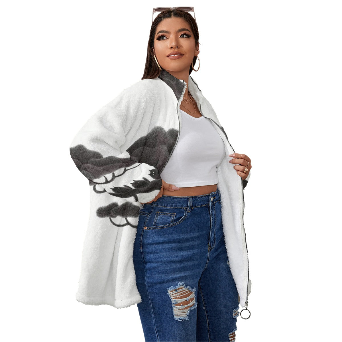 All-Over Print Unisex Borg Fleece Stand-up Collar Coat With Zipper Closure(Plus Size)