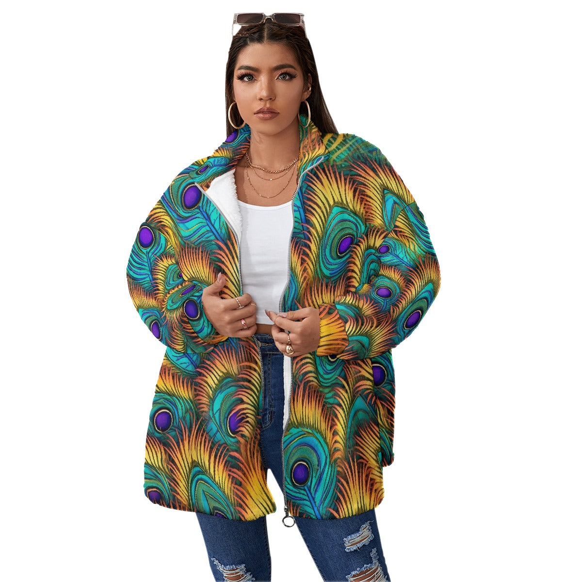 All-Over Print Unisex Borg Fleece Stand-up Collar Coat With Zipper Closure(Plus Size)
