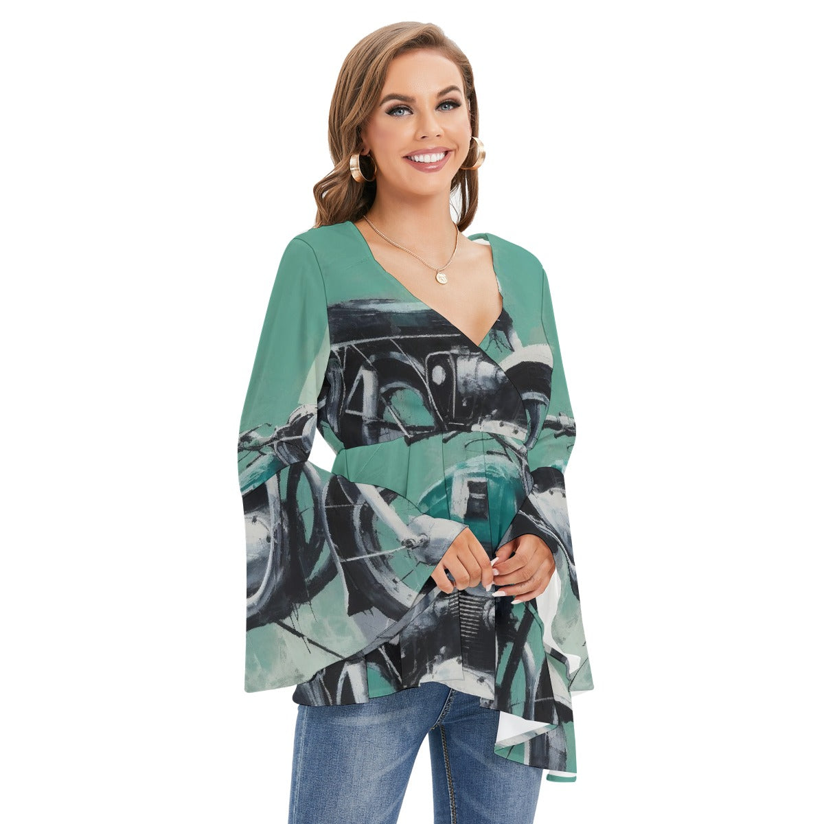 All-Over Print Women's V-neck Blouse With Flared Sleeves