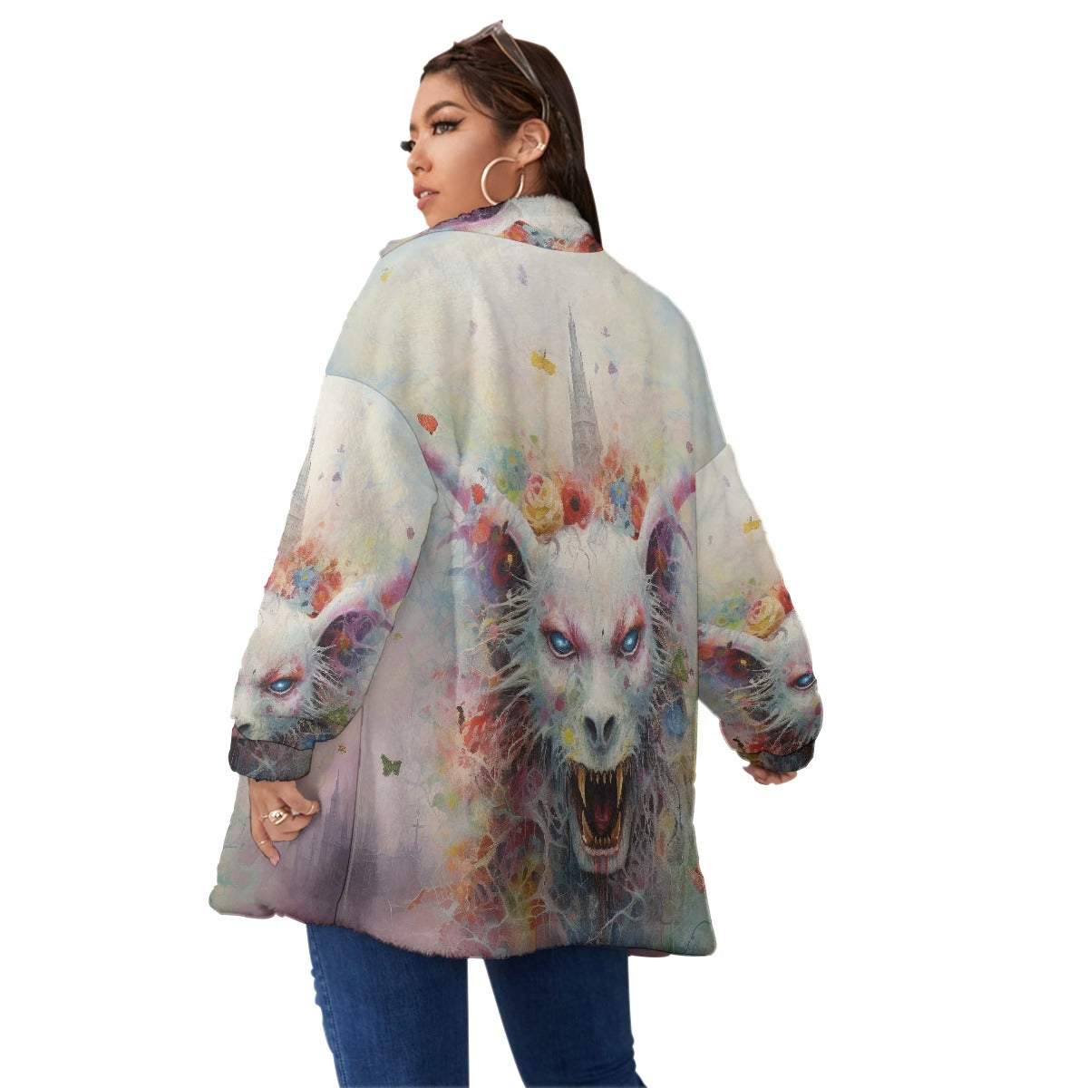 All-Over Print Unisex Borg Fleece Stand-up Collar Coat With Zipper Closure(Plus Size)