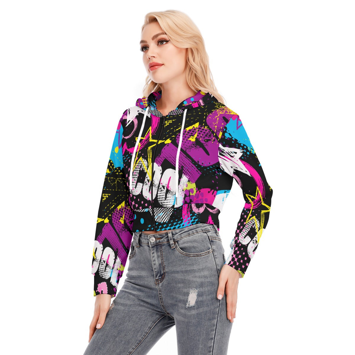 All-Over Print Women's Crop Top Hoodie With Zipper Closure