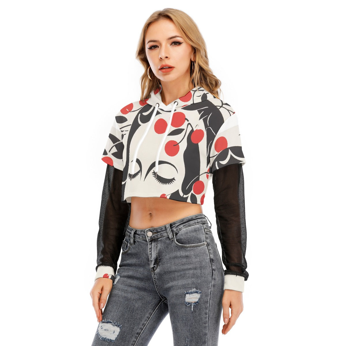 All-Over Print Women's Fake Two-piece Mesh Sleeve Cropped Hoodie