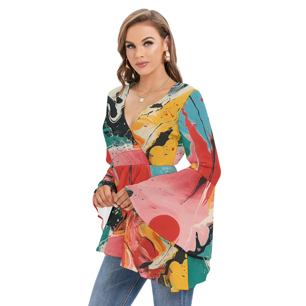 All-Over Print Women's V-neck Blouse With Flared Sleeves