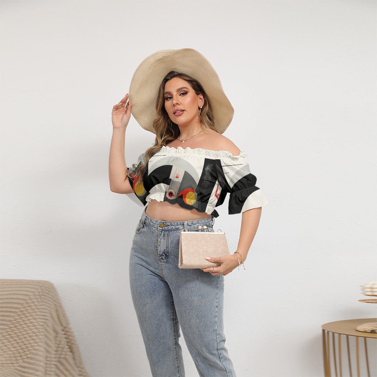 All-Over Print Women's Off-shoulder Cropped Top With Short Puff Sleeve