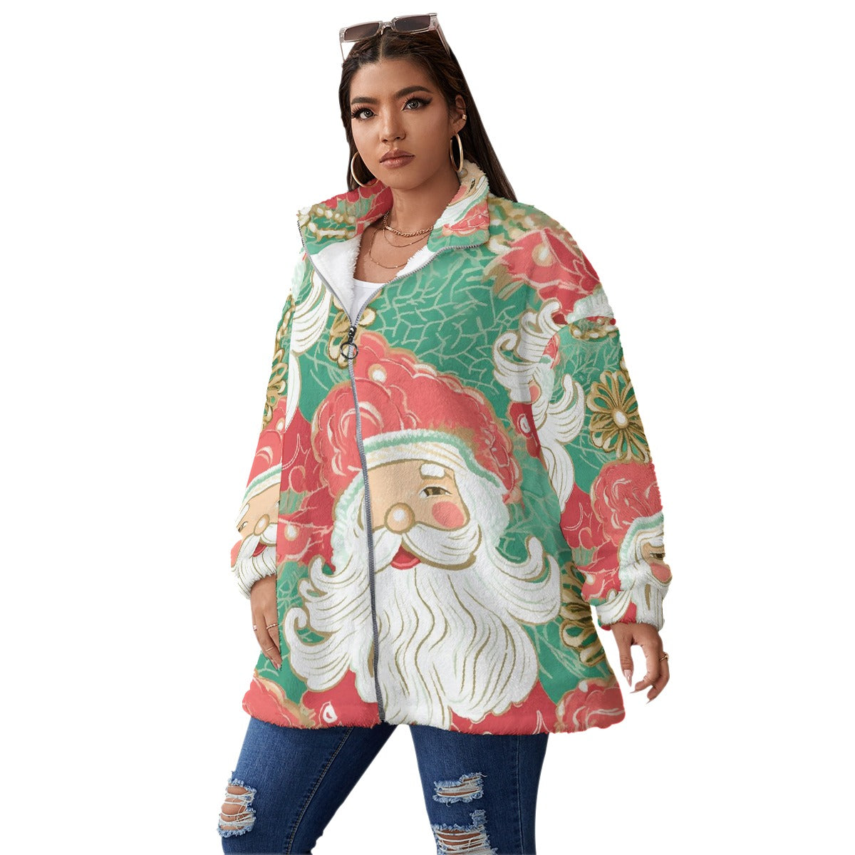 All-Over Print Unisex Borg Fleece Stand-up Collar Coat With Zipper Closure(Plus Size)