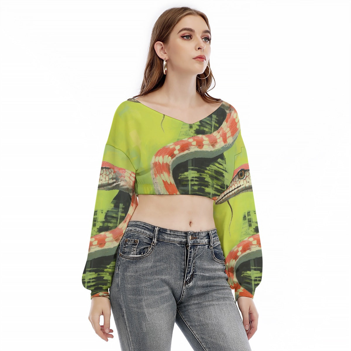 All-Over Print Women's V-neck Long Sleeve Cropped Sweatshirt