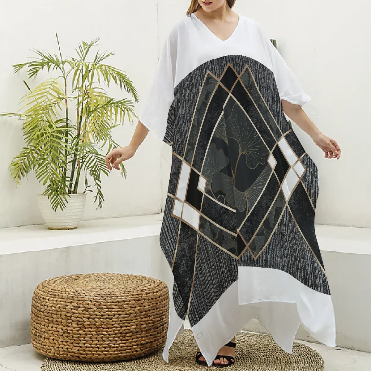 All-Over Print Women's Imitation Silk V-neck Kaftan Robe