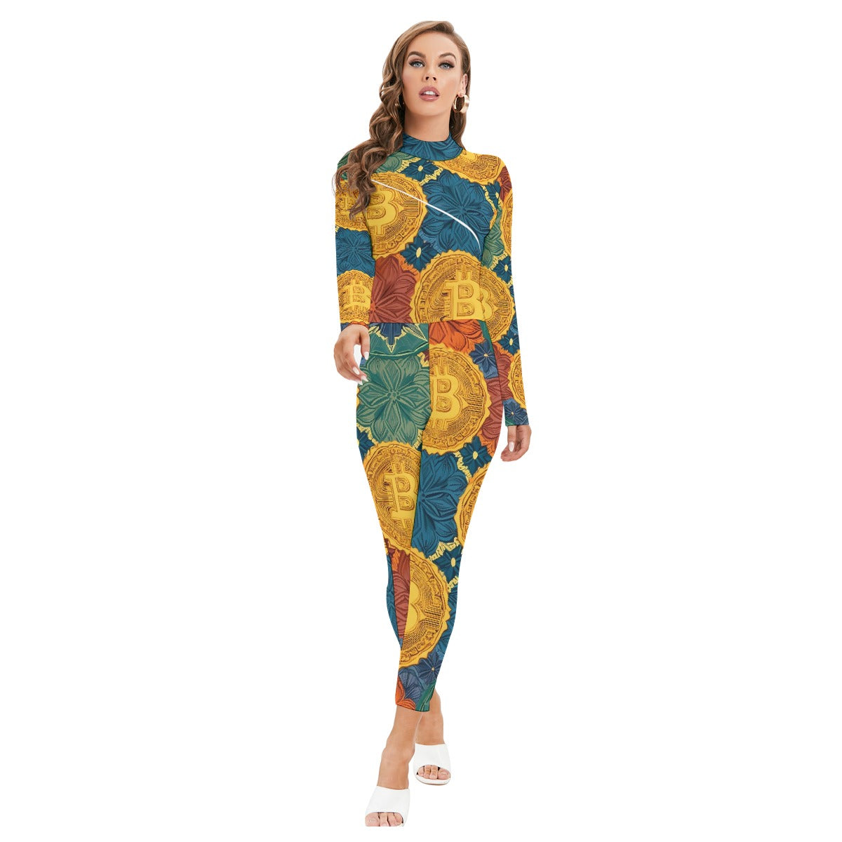 All-Over Print Women's Long-sleeved High-neck Jumpsuit With Zipper