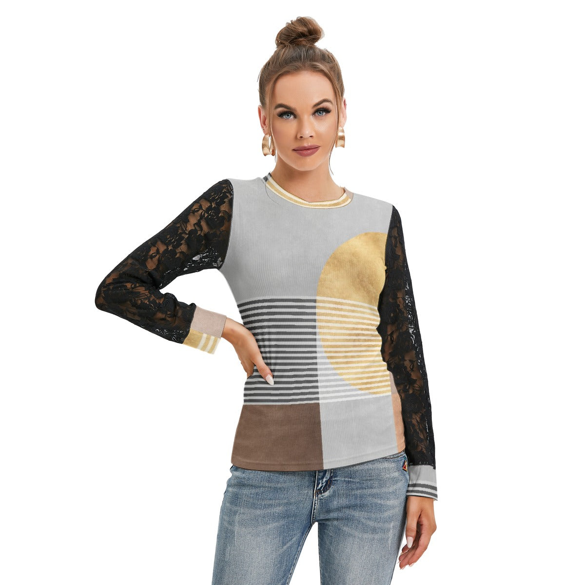 All-Over Print Women's T-shirt And Sleeve With Black Lace