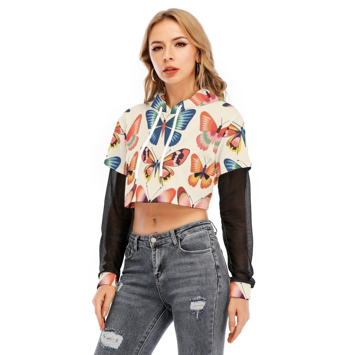 All-Over Print Women's Fake Two-piece Mesh Sleeve Cropped Hoodie