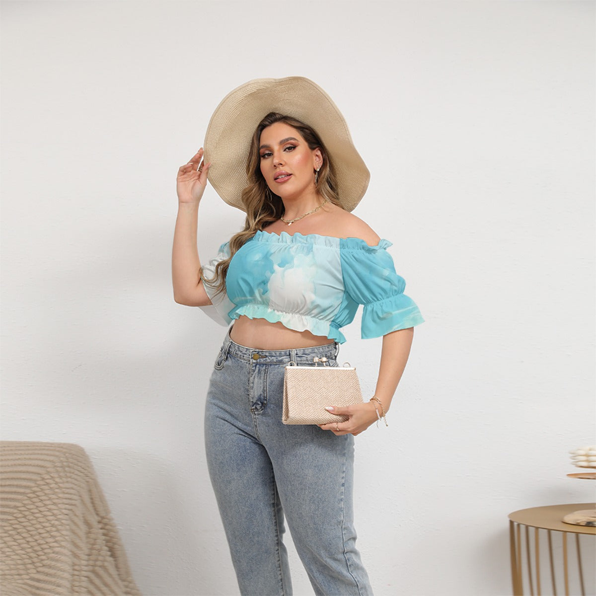 All-Over Print Women's Off-shoulder Cropped Top With Short Puff Sleeve