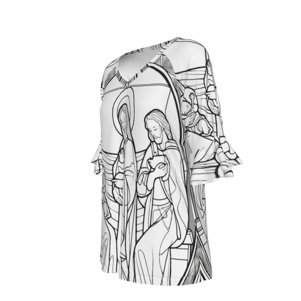 All-Over Print V-neck Women's T-shirt With Bell Sleeve