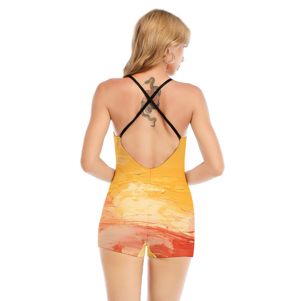 All-Over Print Women's Backless Romper With Black Straps