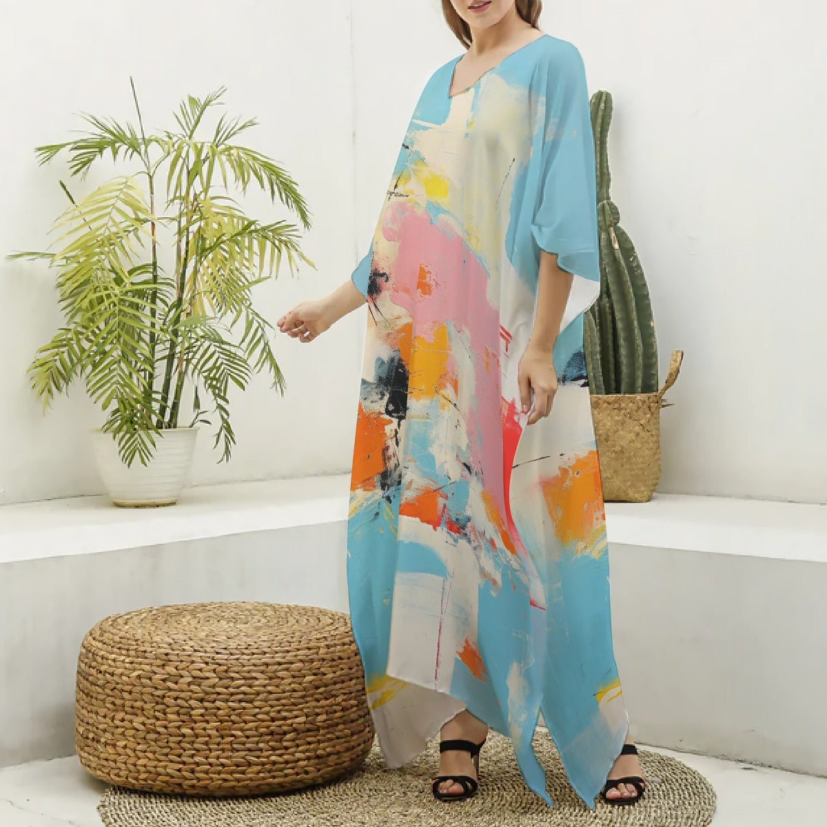 All-Over Print Women's Imitation Silk V-neck Kaftan Robe