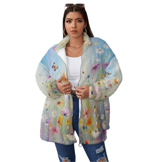 All-Over Print Unisex Borg Fleece Stand-up Collar Coat With Zipper Closure(Plus Size)