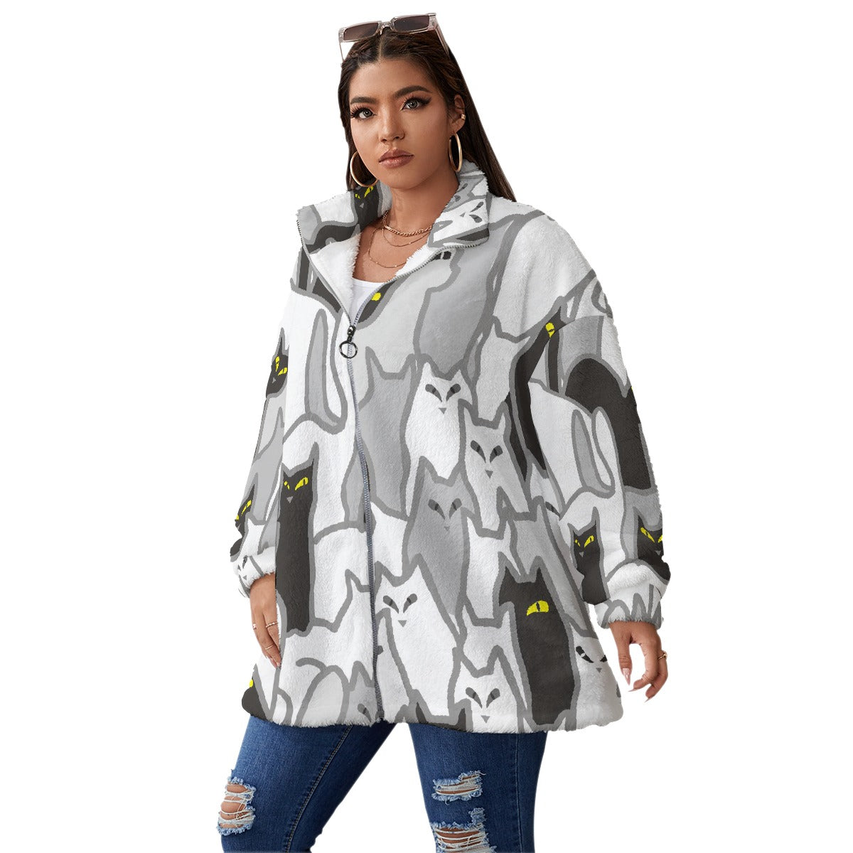 All-Over Print Unisex Borg Fleece Stand-up Collar Coat With Zipper Closure(Plus Size)