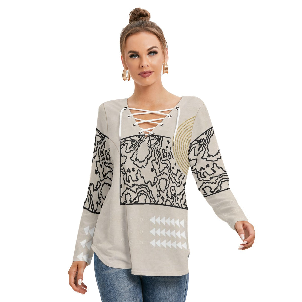 All-Over Print Women's Long Sleeve Neckline Tie Sweatshirt