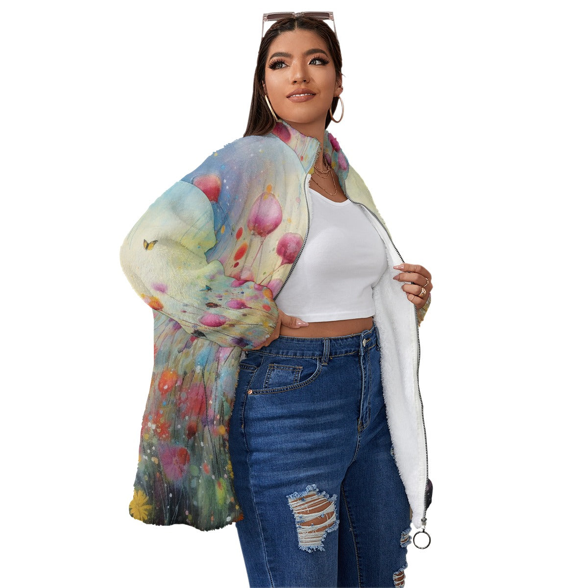 All-Over Print Unisex Borg Fleece Stand-up Collar Coat With Zipper Closure(Plus Size)