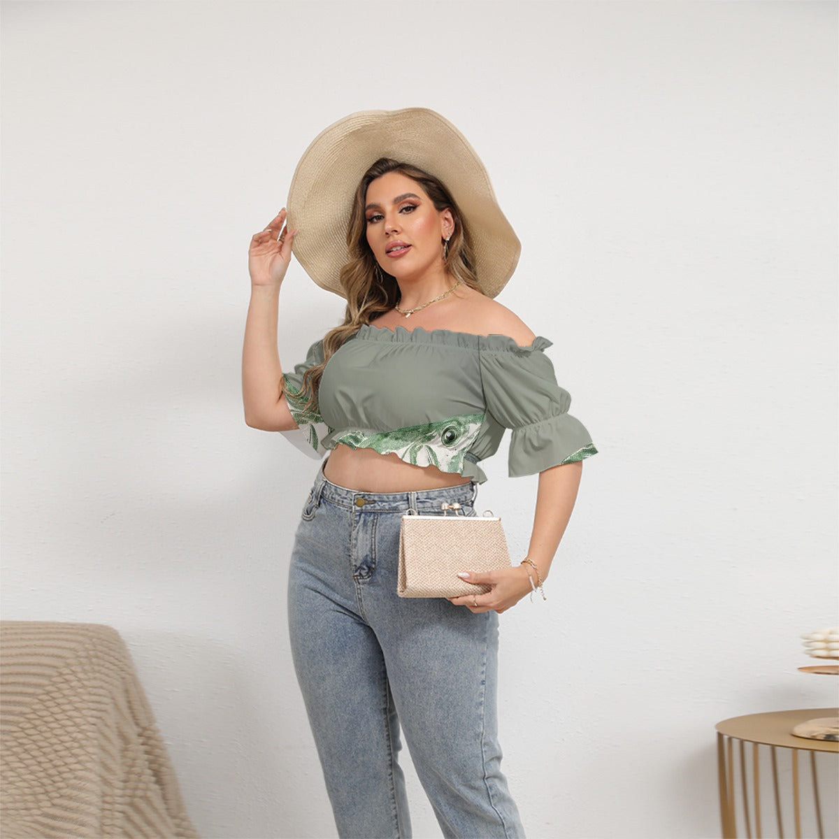 All-Over Print Women's Off-shoulder Cropped Top With Short Puff Sleeve