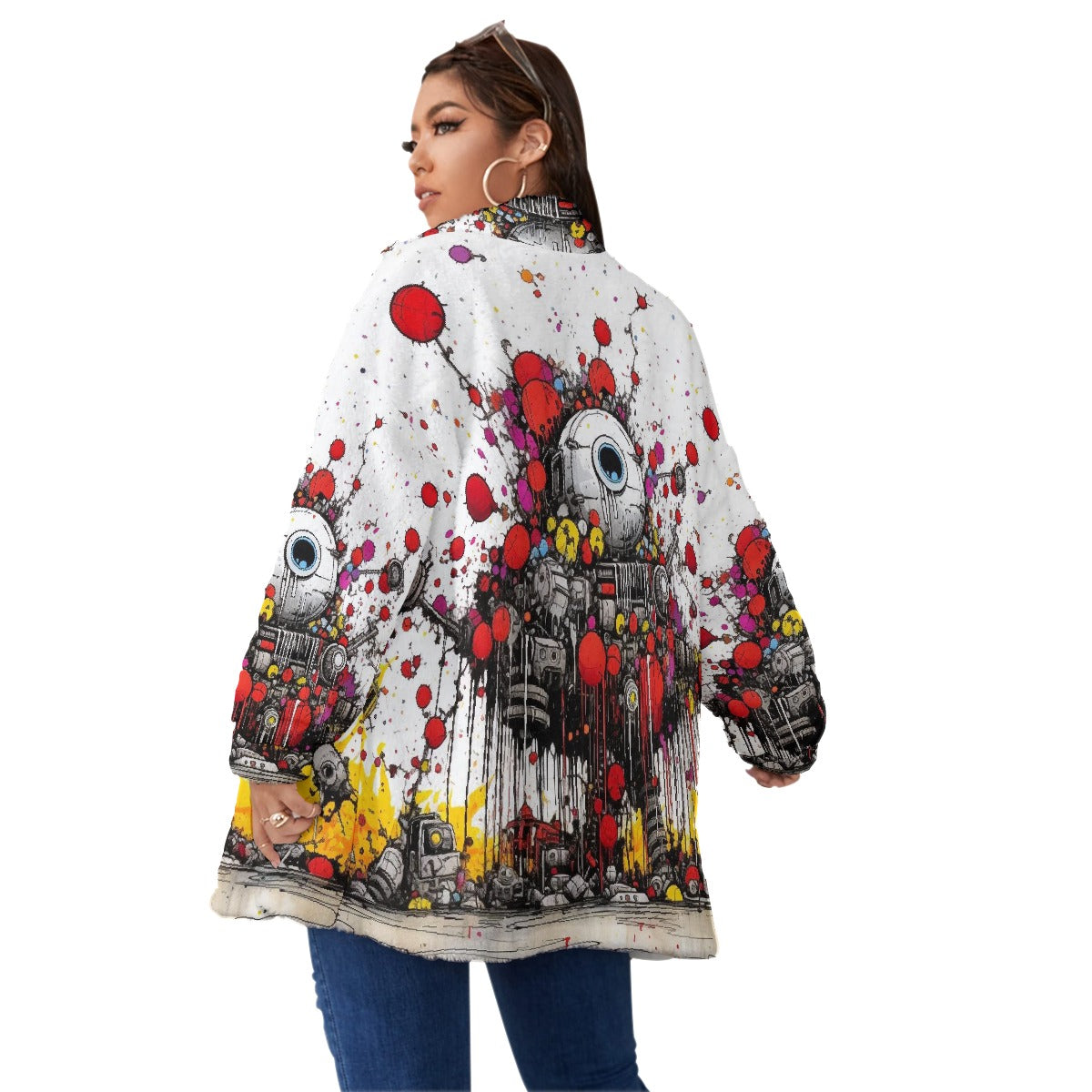 All-Over Print Unisex Borg Fleece Stand-up Collar Coat With Zipper Closure(Plus Size)